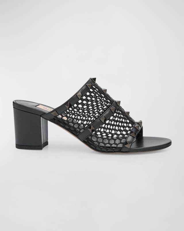 Rockstud Net Block-Heel Mule Sandals